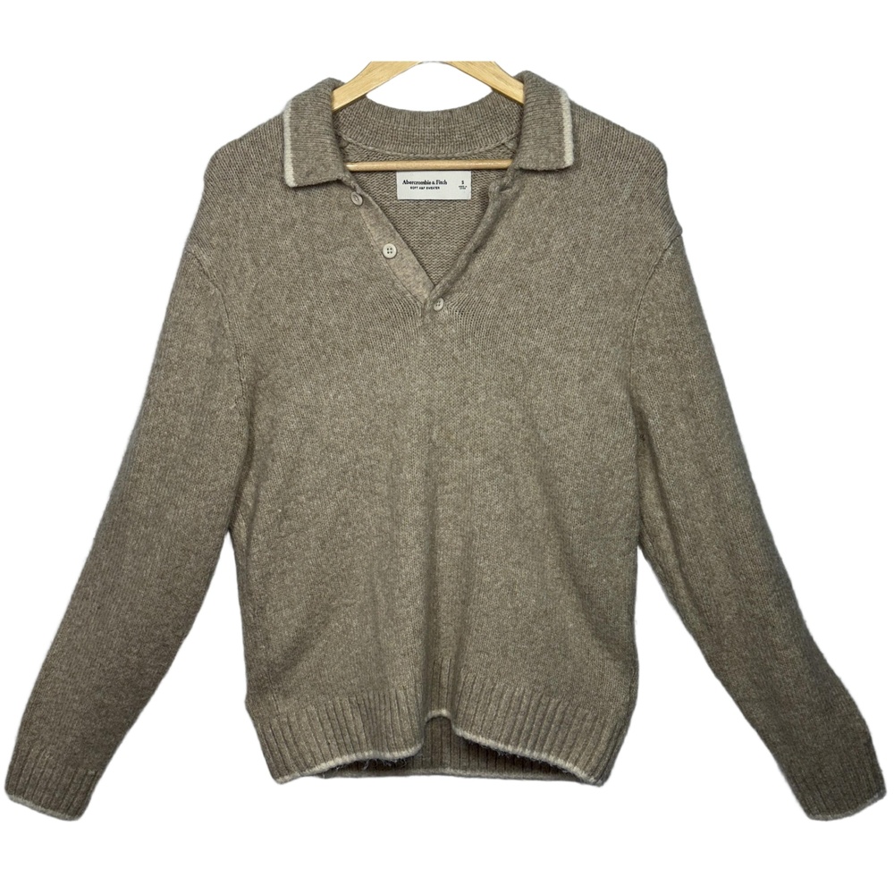 Abercrombie & Fitch Soft AF Tan Knit Collared Long Sleeve V-Neck Sweater Size S